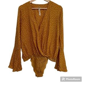 Intimately Free People Bodysuit Top Polka Dot Shirt Bell Sleeve Yellow Size S